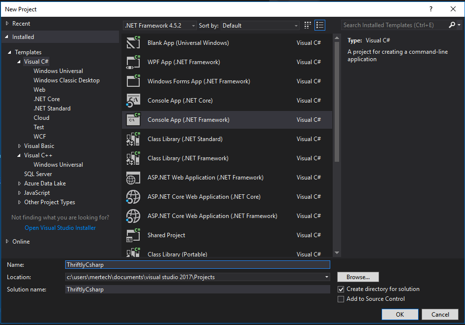 creating a new c# console application